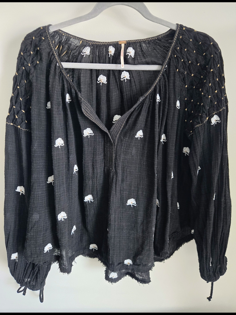 Free People Black Peasant Blouse with White Embroidery